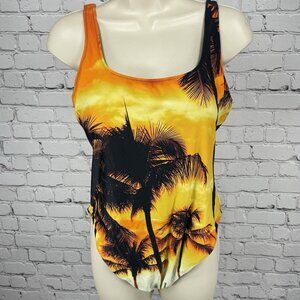 Aerie Orange Tropical Sunset Cheekiest One Piece Swimsuit UPF 50 Padded Size XL